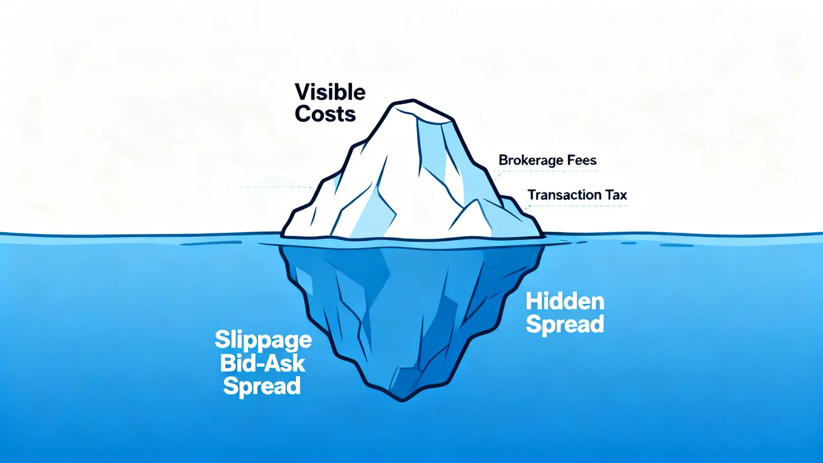 一張交易成本的冰山示意圖,水面上可見的部分是手續費與交易稅,而水面下更大的隱藏部分是滑價與買賣價差。