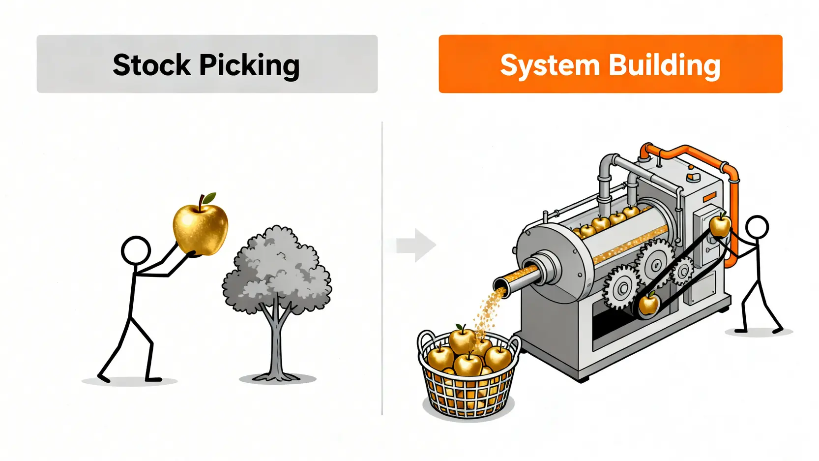 巴菲特投資哲學對比圖,左邊是挑選單一股票,右邊是建立一個能持續產生回報的系統。