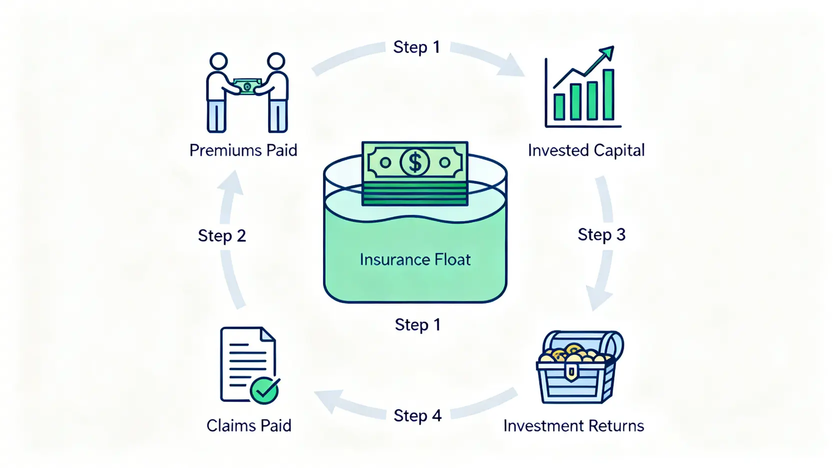 保險浮存金運作原理流程圖,展示保費如何成為可投資金,並在支付理賠前創造投資收益。