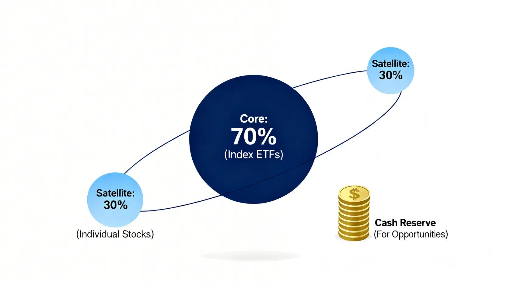 個人波克夏投資組合示意圖,顯示以大盤ETF為核心,搭配少量精選個股為衛星的資產配置。