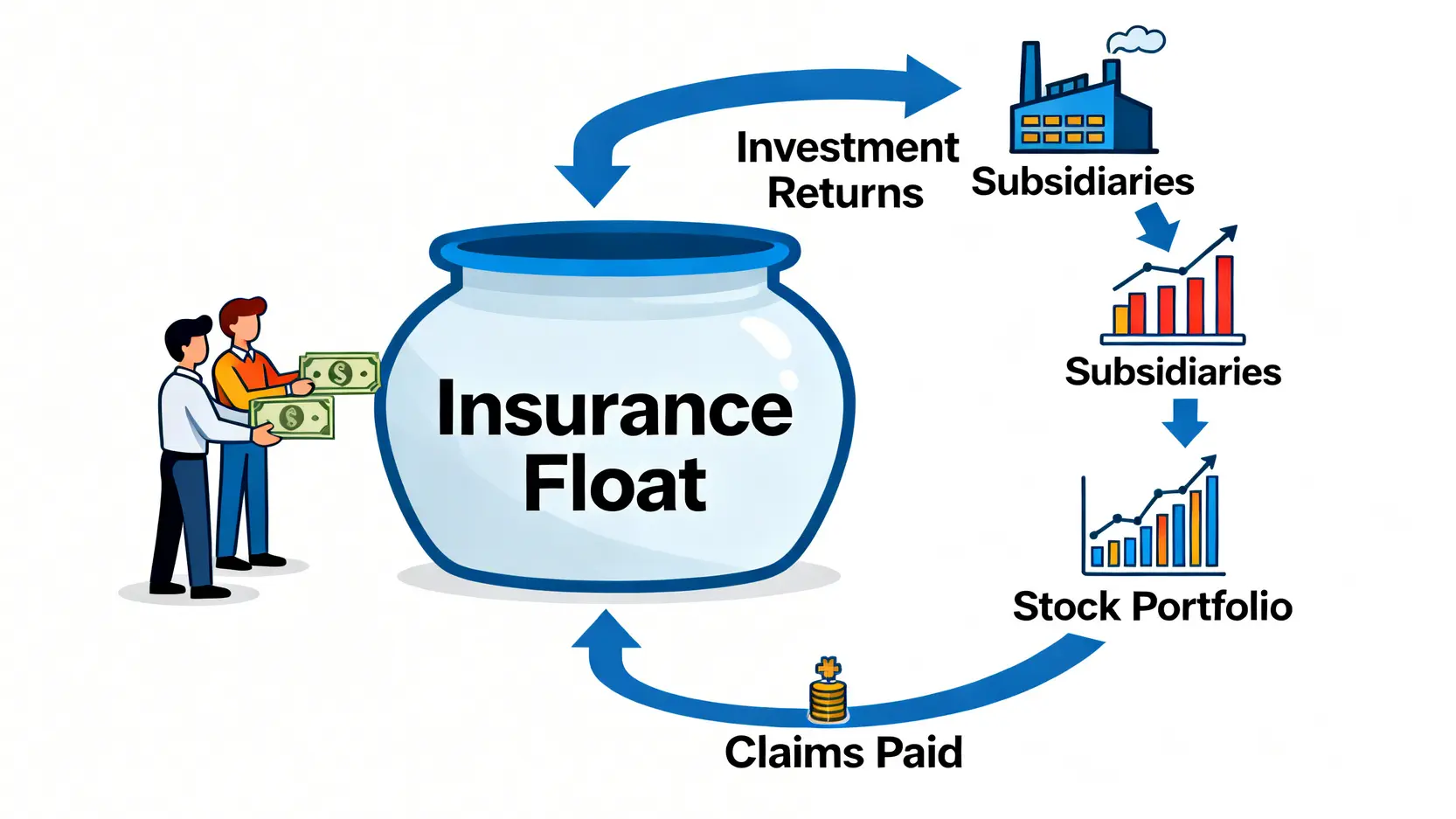 解釋保險浮存金運作原理的示意圖,顯示保費流入形成資金池,用於投資產生回報,再支付理賠,形成一個增長的循環。
