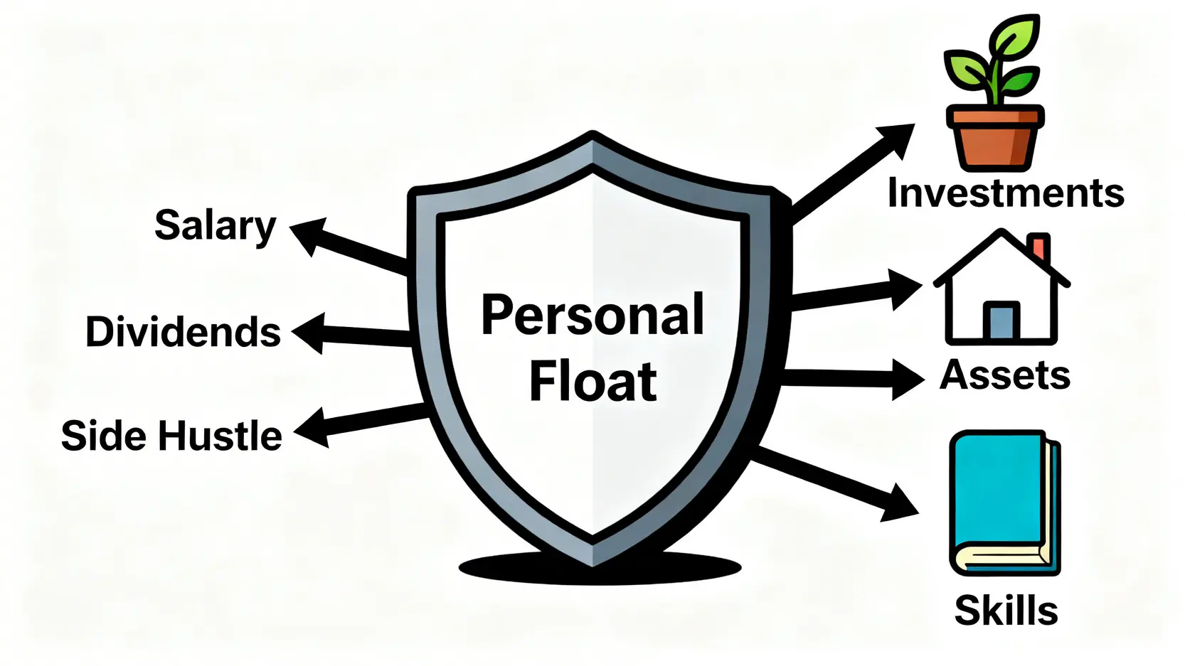 建立個人浮存金的概念圖,展示多元收入流入資金池,再分配於長期投資,打造財務護城河。