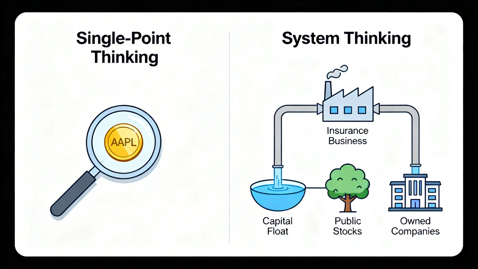 單點思維與系統思維的對比圖,展示了關注單一股票與理解整個商業系統的區別。