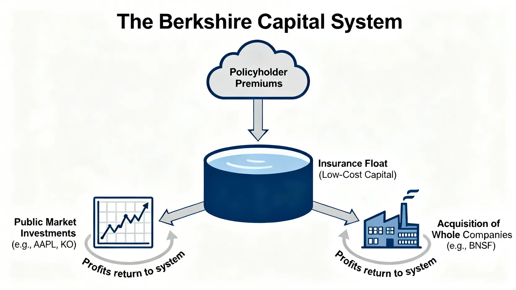 波克夏資本分配系統流程圖,展示了從保險浮存金到公開市場投資和公司收購的資本流動路徑。