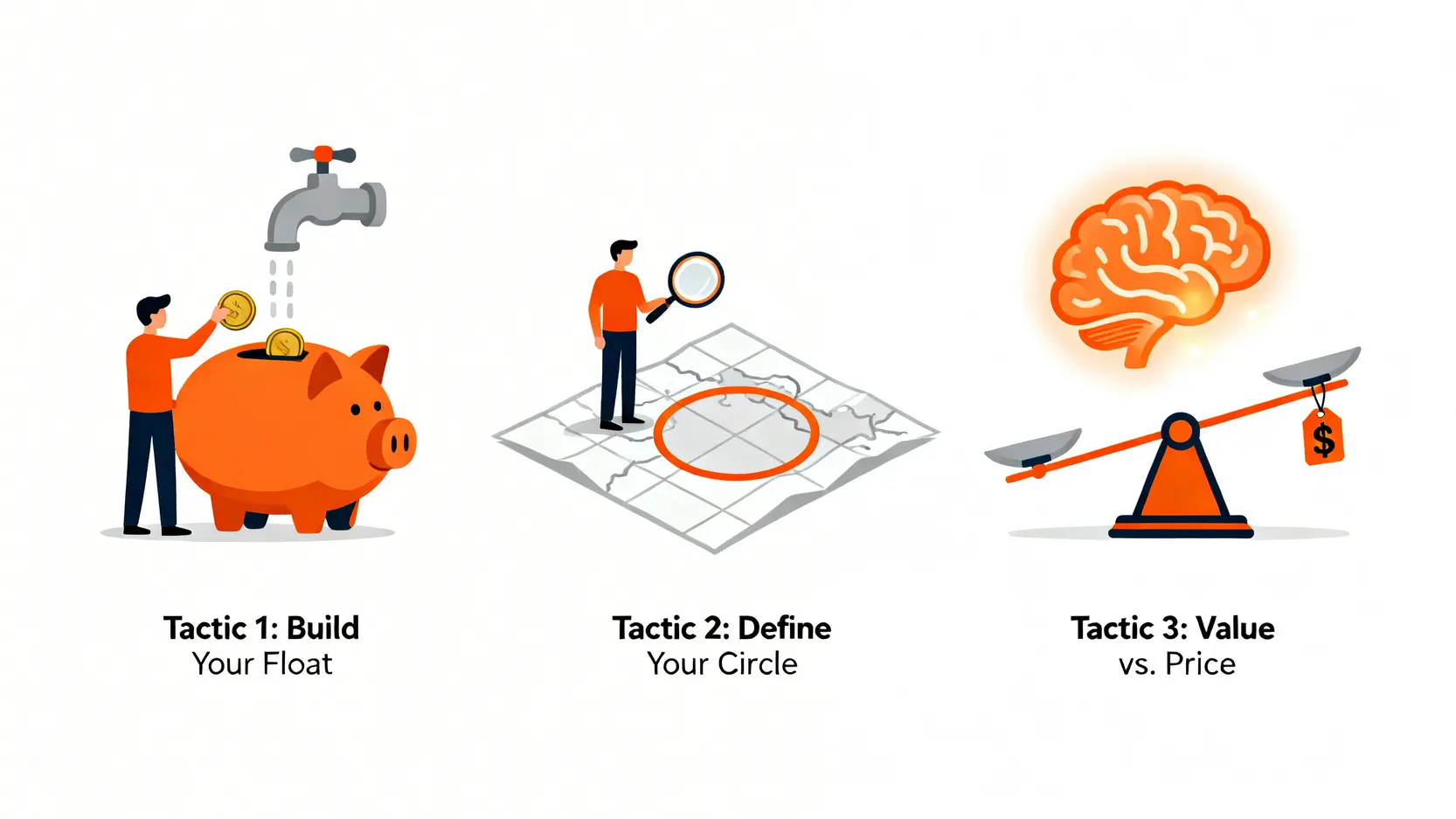 普通投資者可學習的三大戰術示意圖:建立現金流、定義能力圈、計算內在價值。