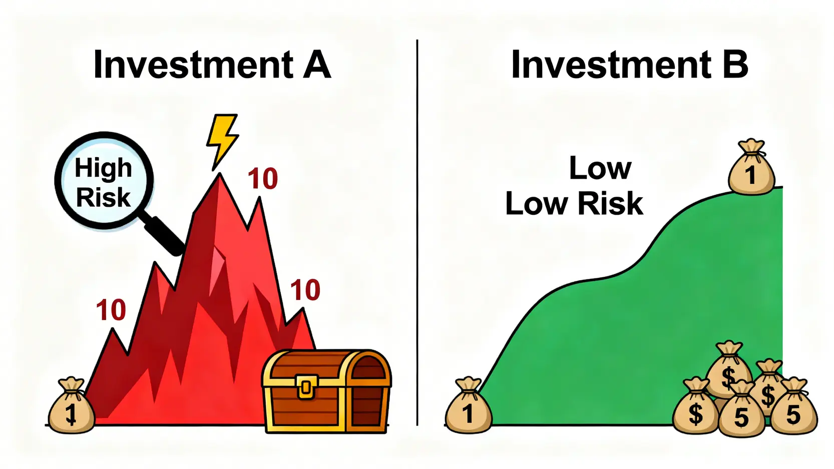 投資A與投資B的風險回報對比示意圖,顯示高風險高回報與低風險穩健回報的區別。
