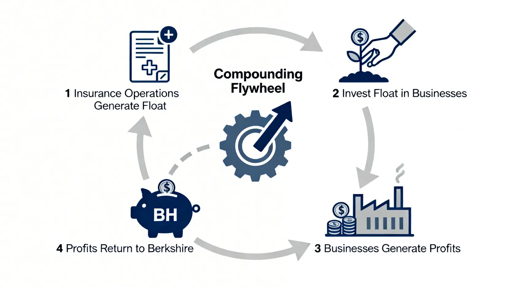 波克夏海瑟威的複利飛輪模型示意圖,展示保險浮存金如何驅動投資並產生回報,形成正向循環。