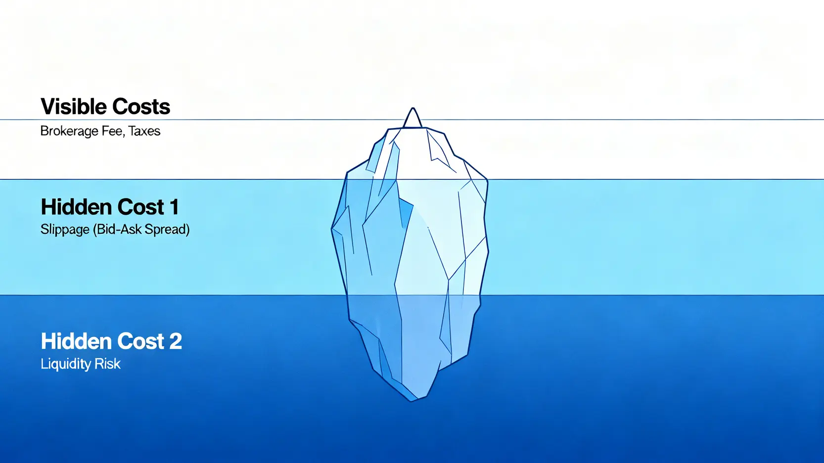 交易成本的冰山模型,顯示可見的券商手續費與隱藏的滑價和流動性風險。