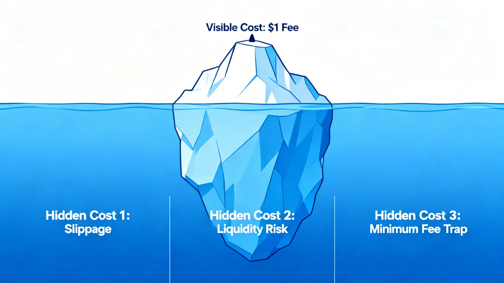 冰山圖解釋零股交易的隱藏成本,水面上可見的是1元手續費,水面下是更大的滑價與流動性風險。