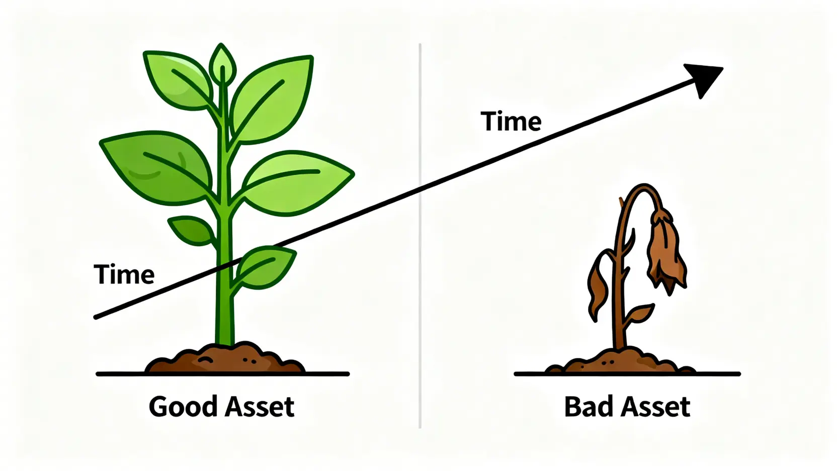 一張對比圖,顯示優質資產隨時間增長,而劣質資產隨時間萎縮,說明長期持有的關鍵在於選擇對的資產。