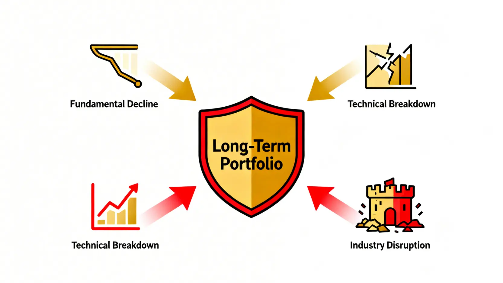 一張示意圖,展示了長期持有投資組合需要監控的三大出場信號:基本面衰退、技術面崩壞、產業面顛覆。