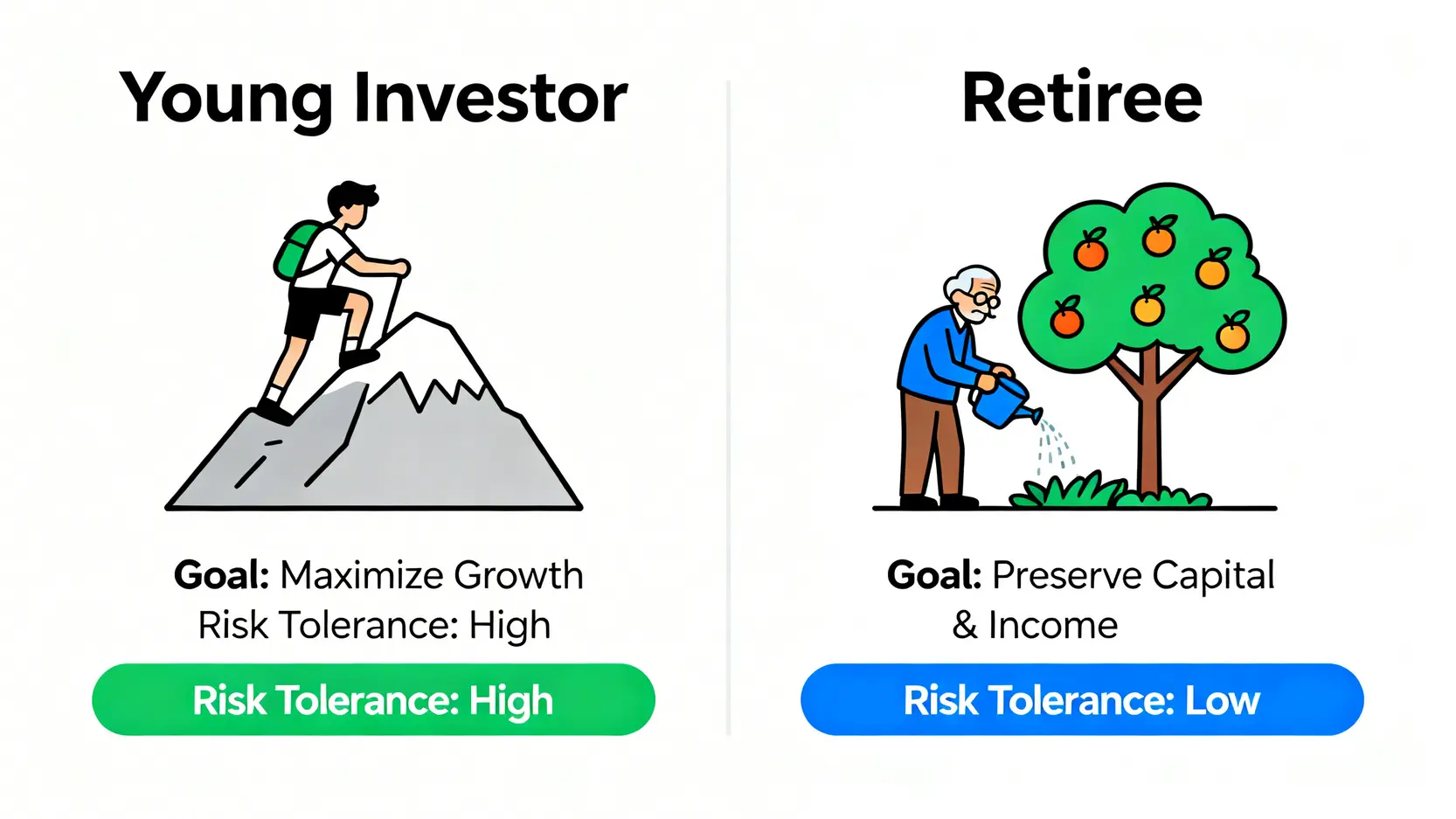 一張對比圖,比較了年輕投資者與屆退族的投資策略,前者追求資本增值,後者注重資產保全與穩定現金流。