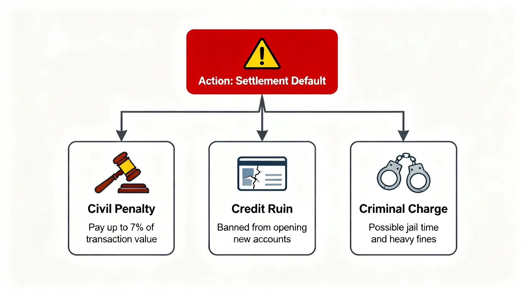 股票違約交割的嚴重後果流程圖,顯示從違約行為到引發民事、信用和刑事三大責任的連鎖反應。