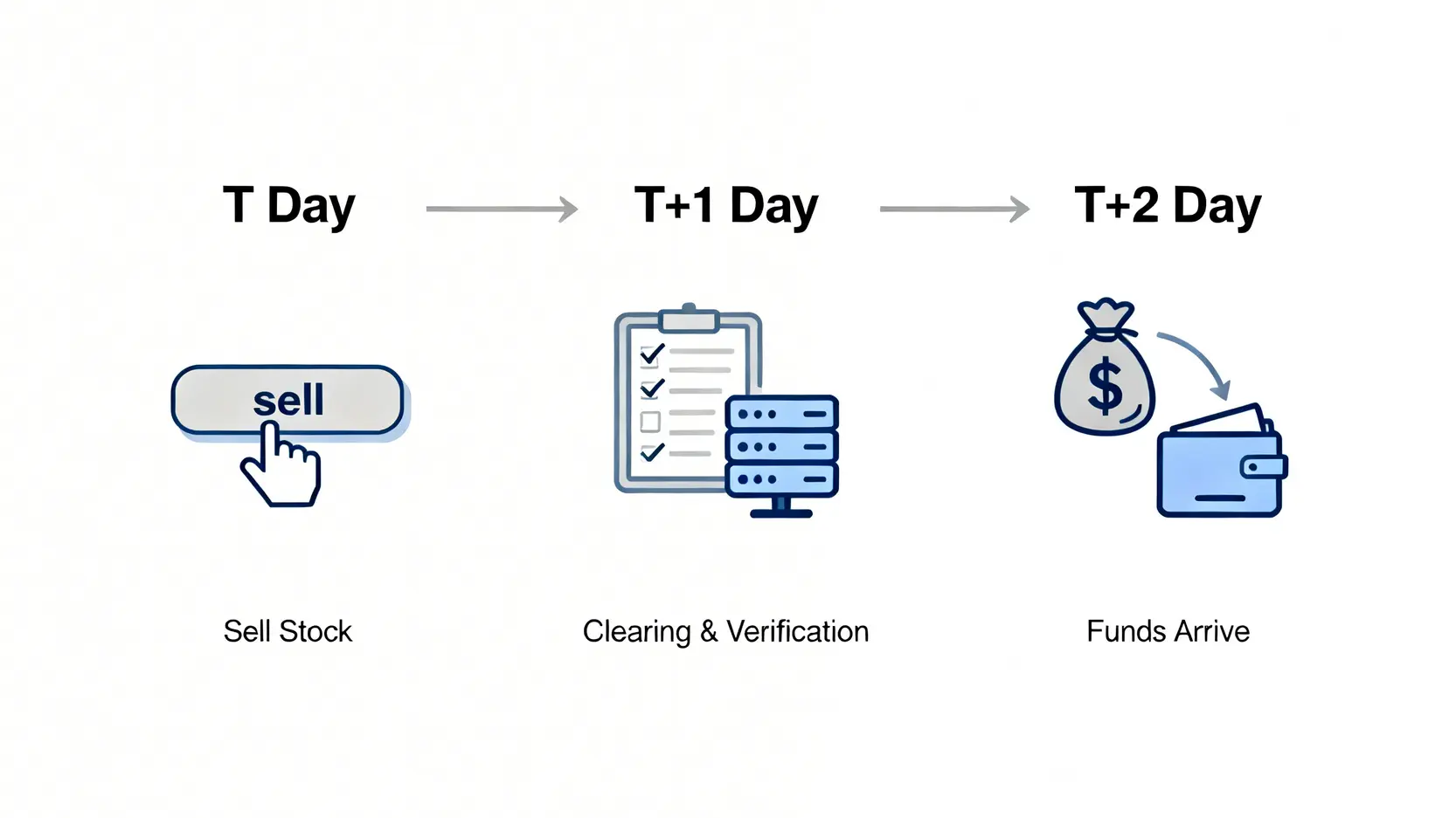 股票賣出後T+2交割流程示意圖,顯示從交易日、清算日到款項入帳日的過程。