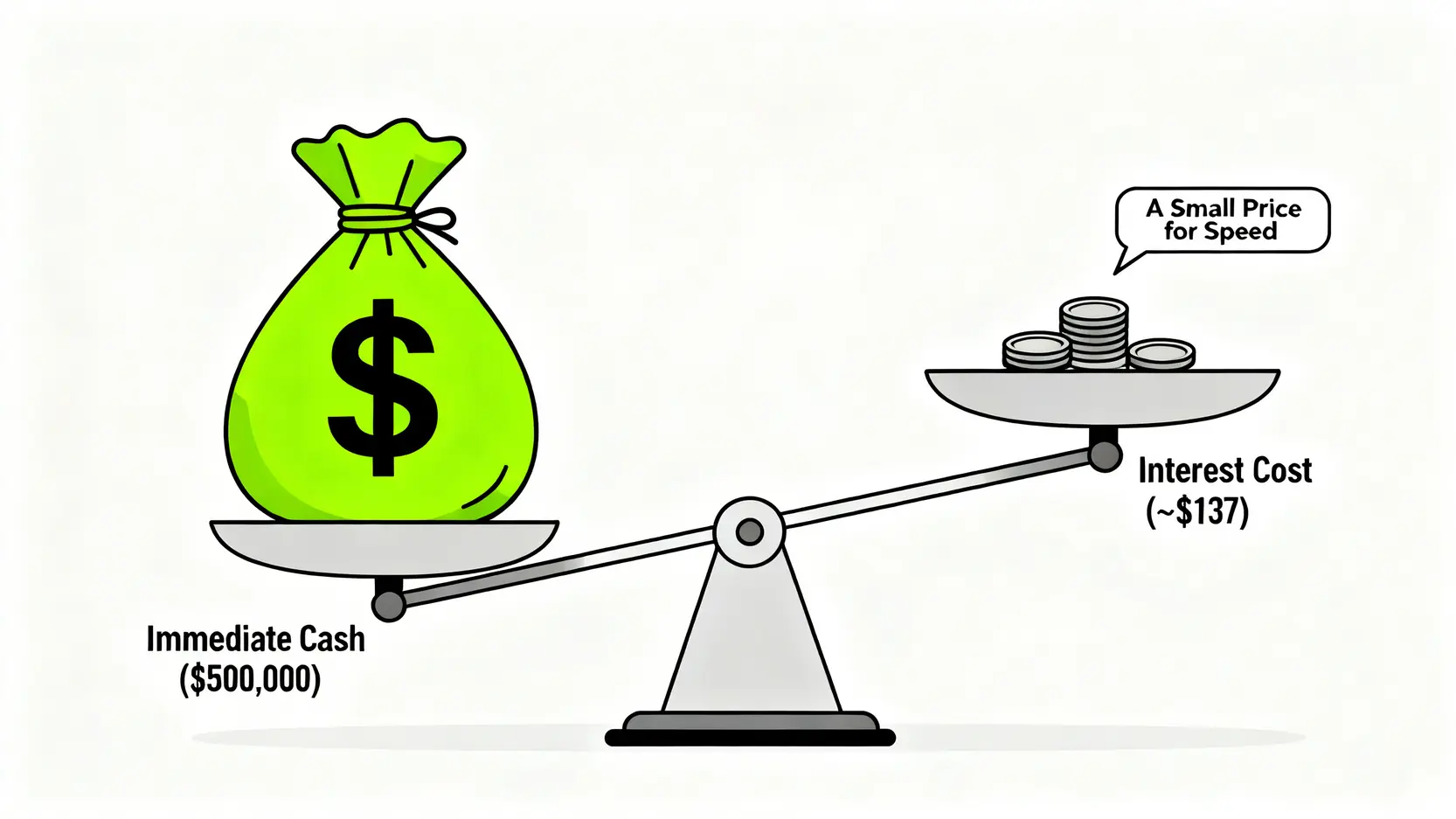 提前取得股款的成本效益分析,用天秤展示以小額利息成本換取大量即時資金的划算之處。