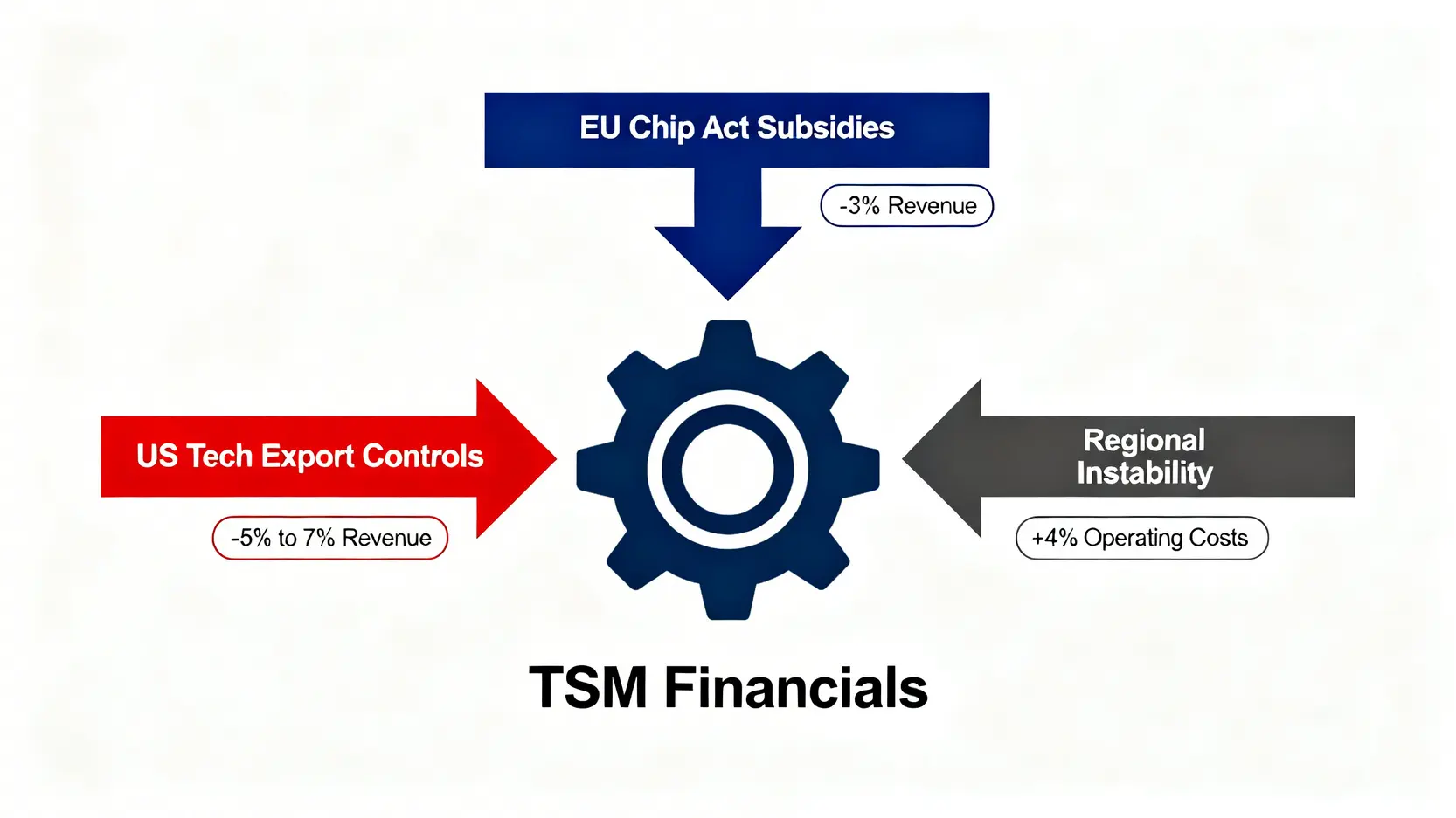 一張地緣政治壓力測試示意圖,顯示美國、歐盟和區域不穩定因素對台積電財務的負面影響。