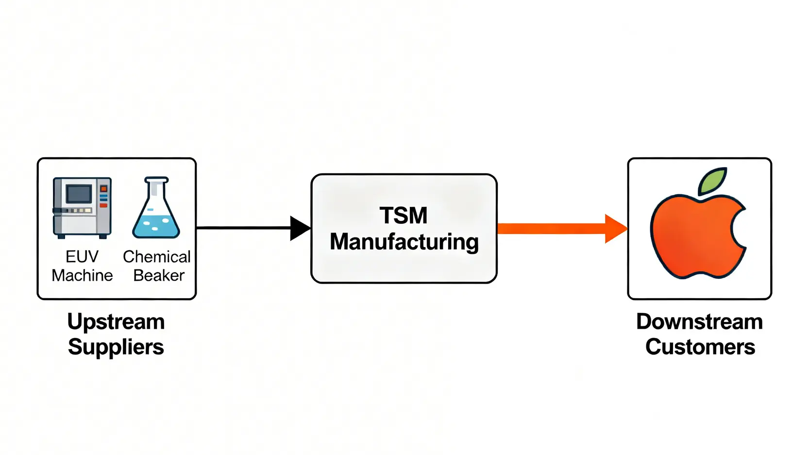 台積電供應鏈集中風險示意圖,顯示其對上游ASML和下游蘋果公司的依賴。