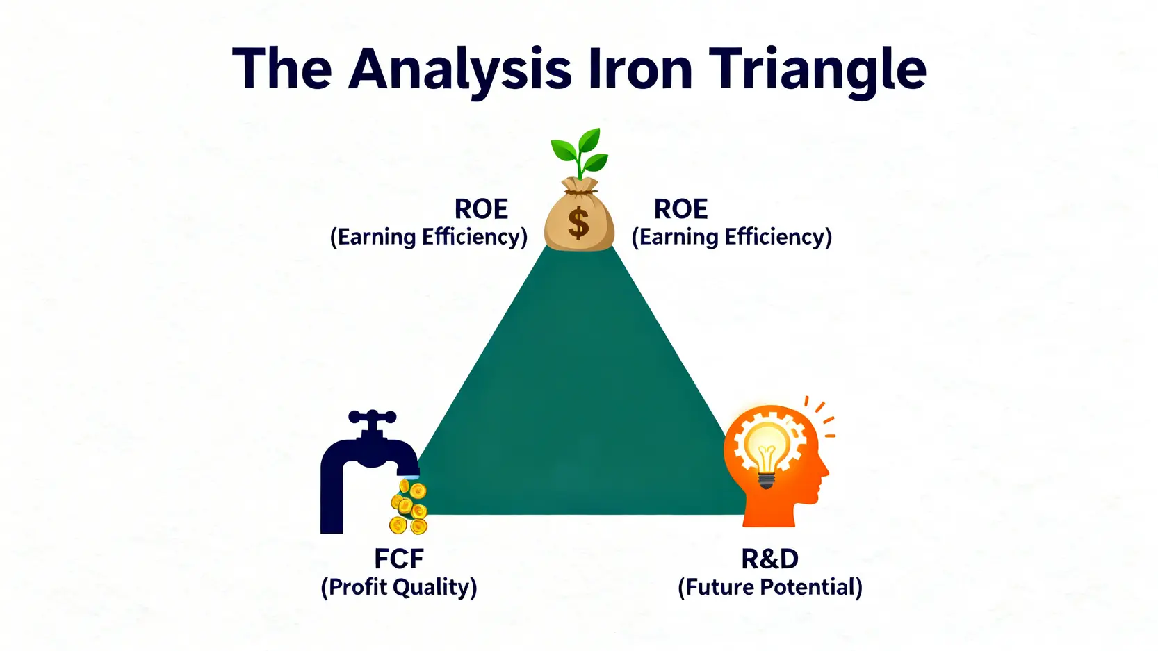 一張分析鐵三角圖,展示了評估企業的三大核心財務指標:股東權益報酬率(ROE)、自由現金流(FCF)和研發強度(R&D)。