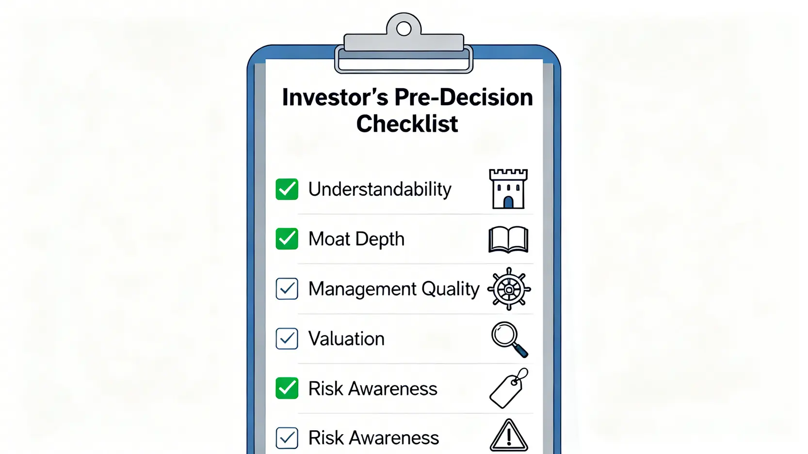 一張投資前的檢查清單圖,包含五個關鍵審核項目:可理解性、護城河深度、管理層、估值合理性和風險暴露。