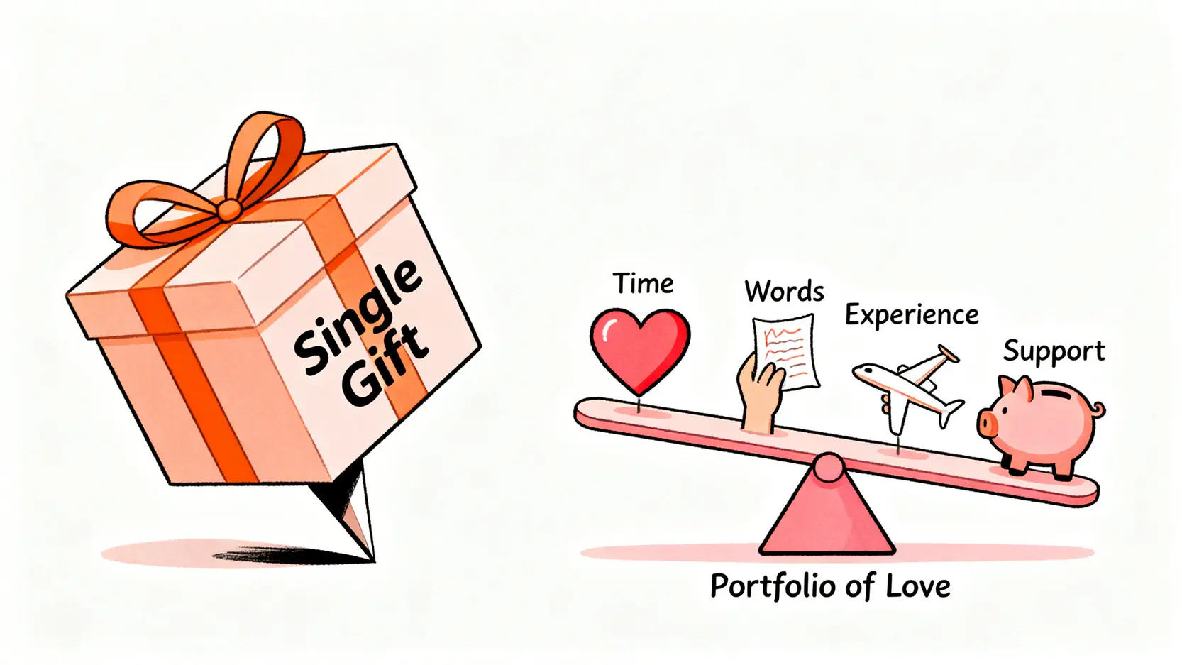 愛的投資組合概念圖,對比單一高風險禮物與多元化情感表達方式。