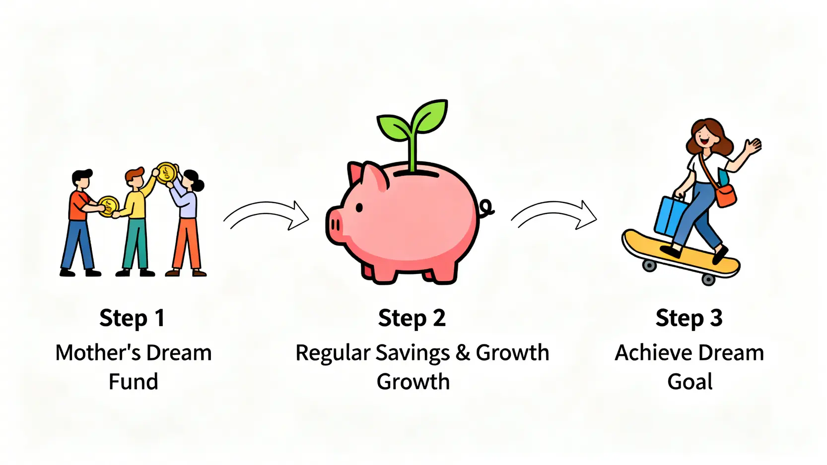 設立媽媽夢想基金的三個步驟流程圖。