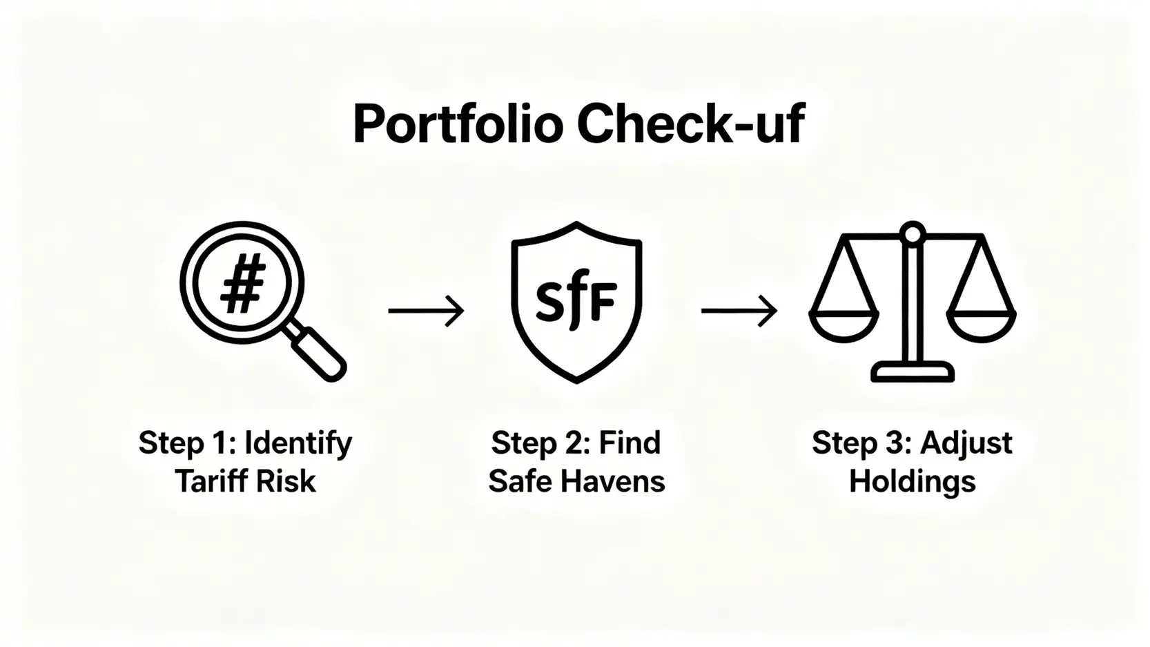 一張流程圖,展示投資組合健康檢查的三個步驟:識別風險、尋找避風港、調整持股。