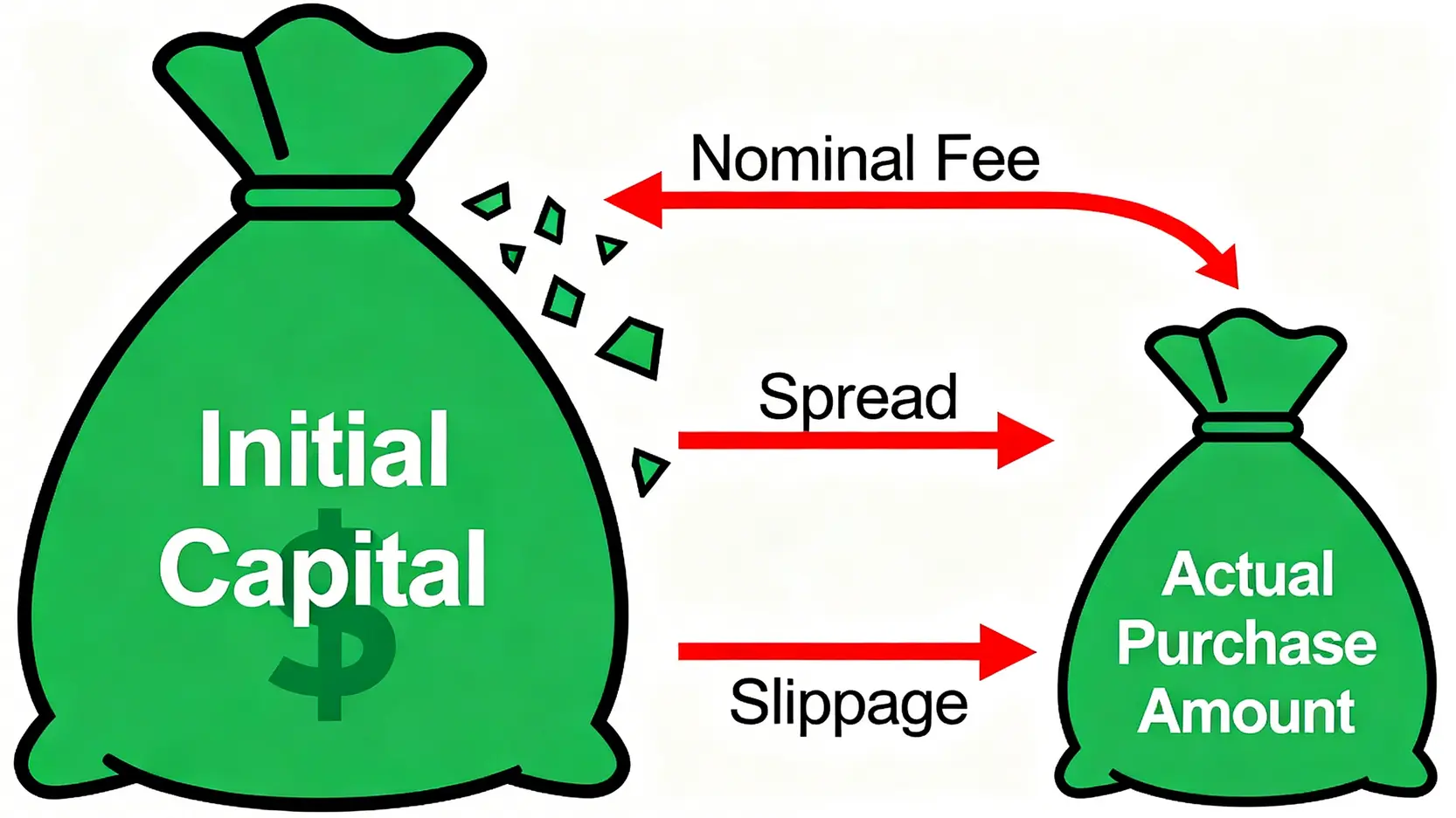 一張說明比特幣總取得成本的示意圖,顯示本金被手續費、價差和滑點削減的過程。