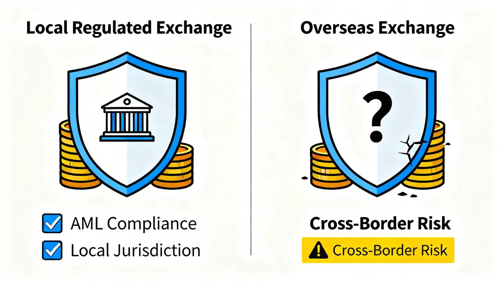 一張比較圖,顯示受本地監管的交易所與海外交易所在法律保障上的差異。