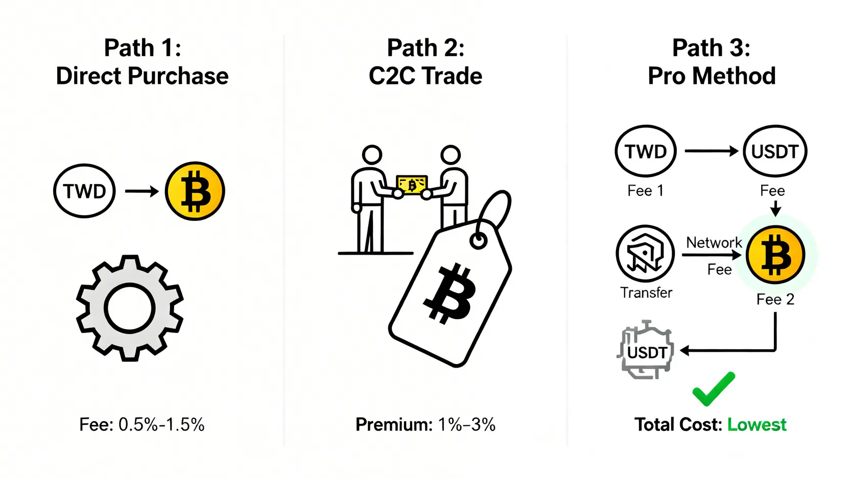三種比特幣購買路徑的成本比較圖,分別為台灣交易所直購、C2C場外交易,以及透過海外交易所換匯購買的流程與成本示意圖。