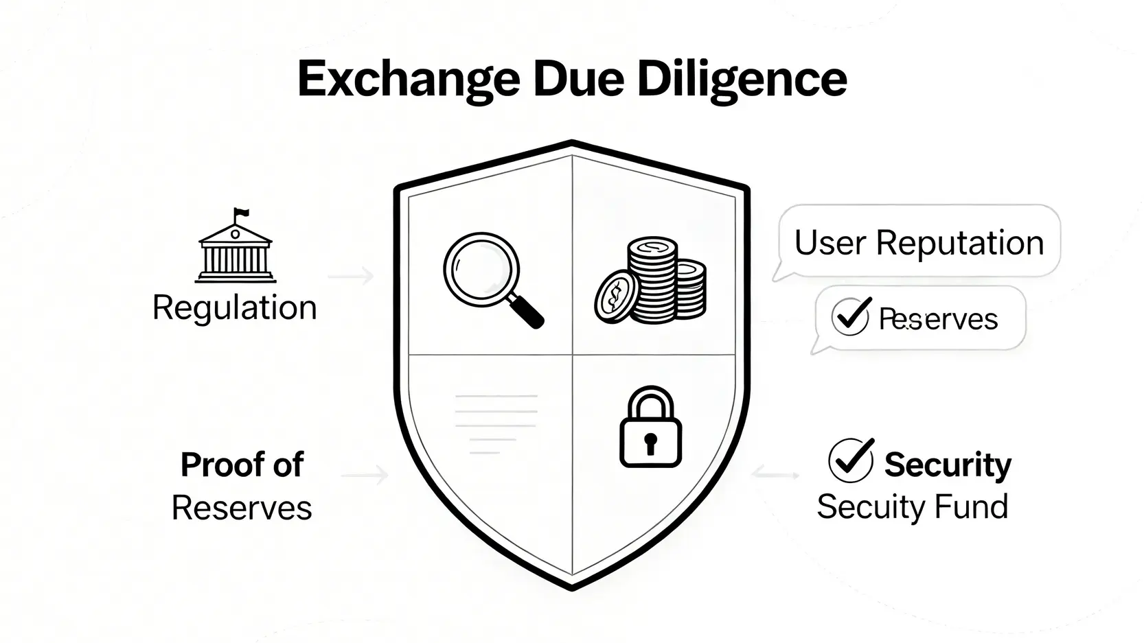 交易所風險審計四大支柱示意圖,包含監管合規、資產透明度、安全防護與用戶評價四個象限組成的盾牌。