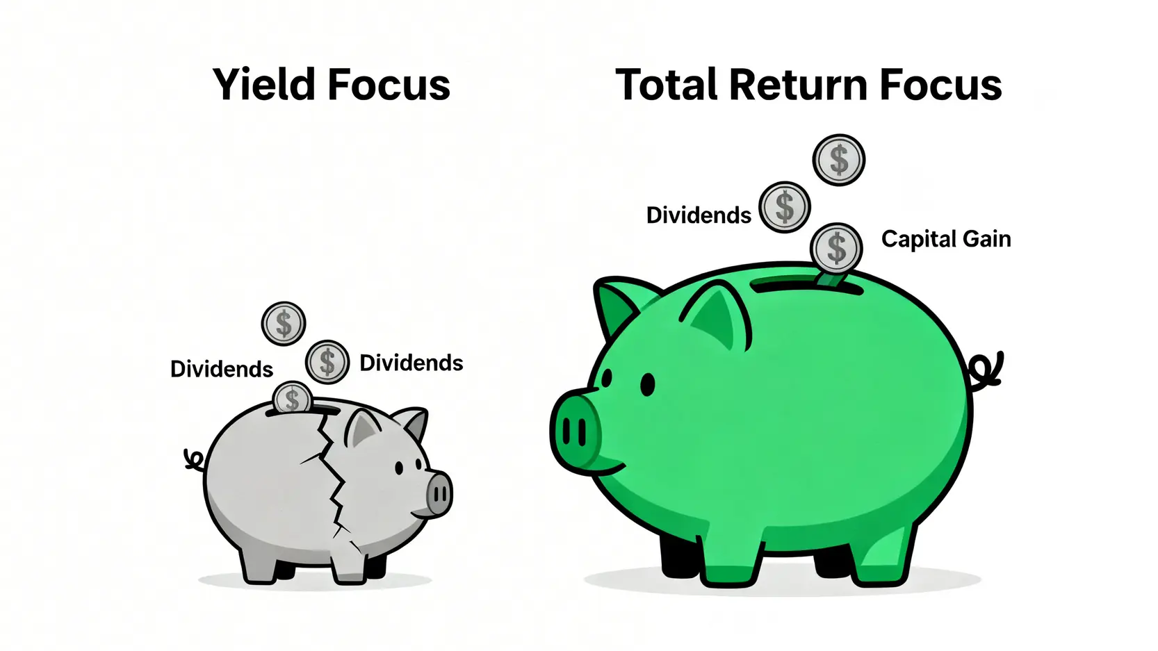 一張對比圖,解釋ETF投資中「僅看殖利率」與「關注總報酬」的區別。