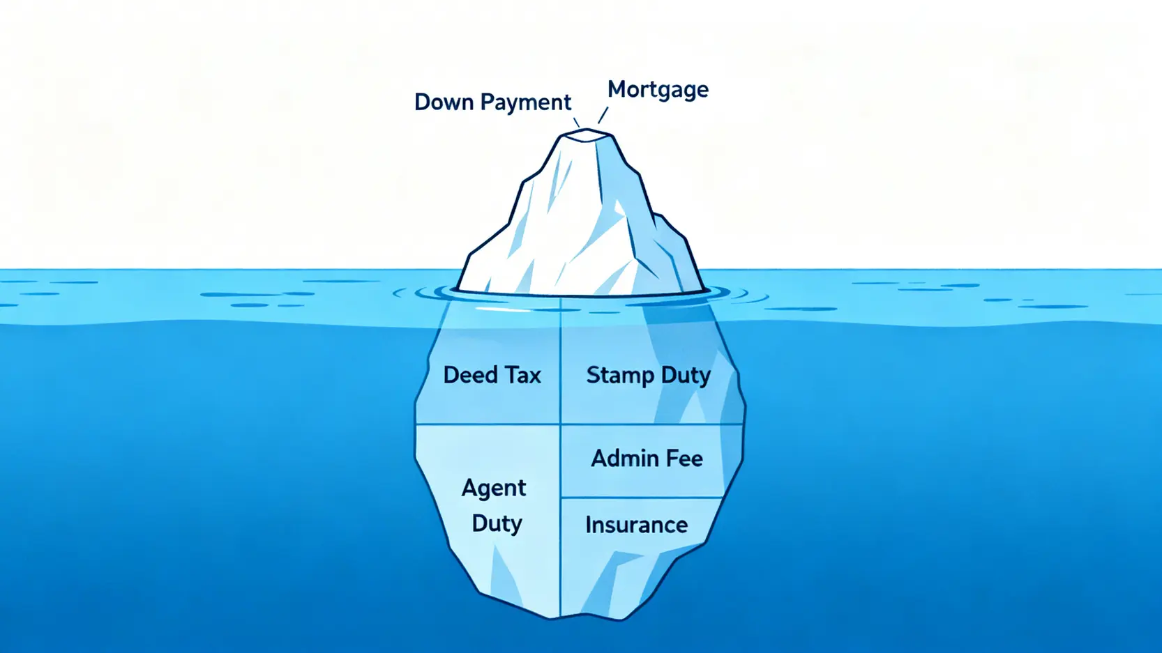 購屋成本冰山圖,顯示頭期款與房貸僅是冰山一角,水面下有更多隱藏成本,如契稅、印花稅、仲介費等。
