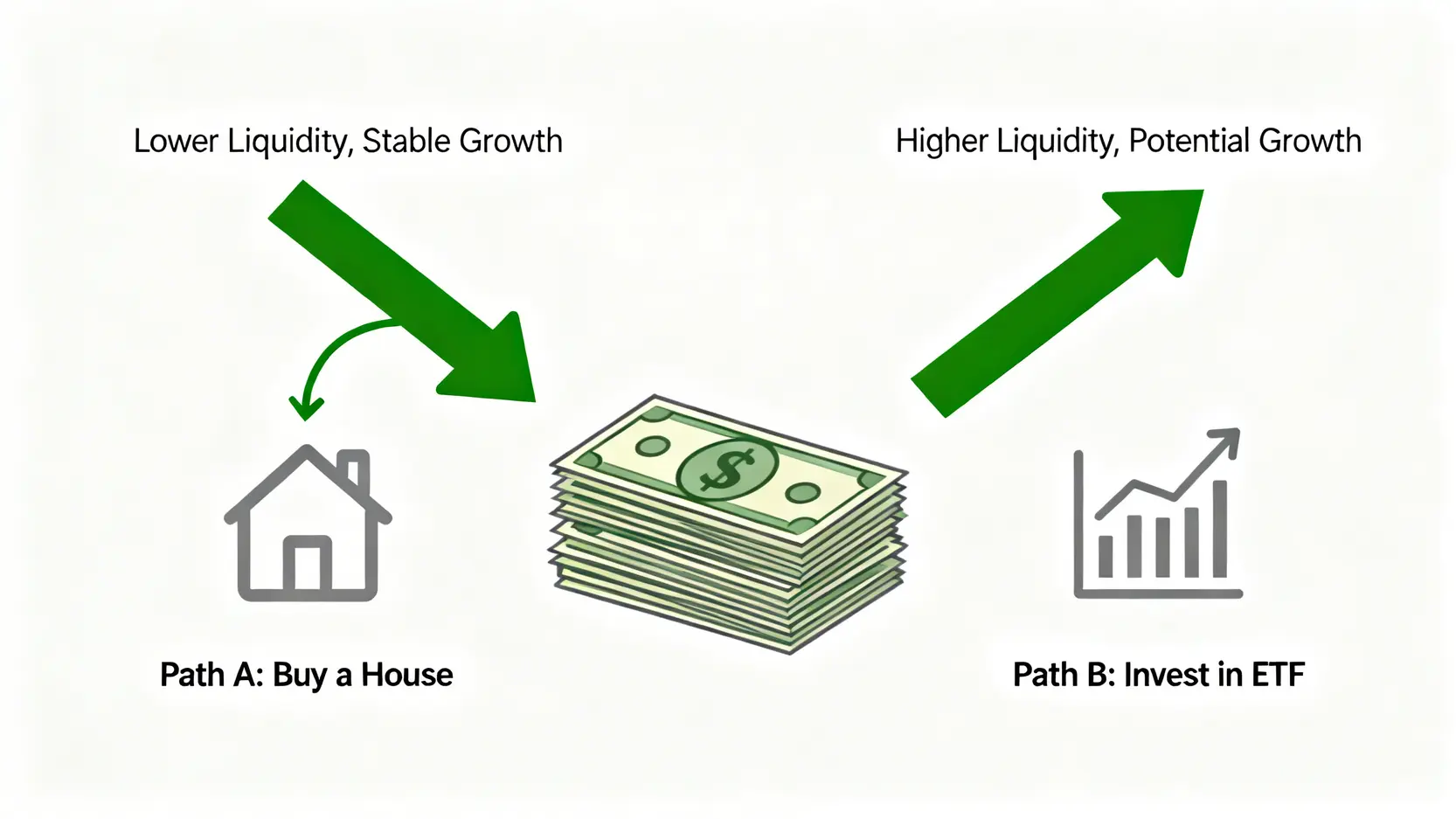 購屋與投資ETF的機會成本比較圖,左邊顯示將資金投入房地產,右邊顯示將同樣資金投入ETF,對比兩者的流動性與潛在增長性。