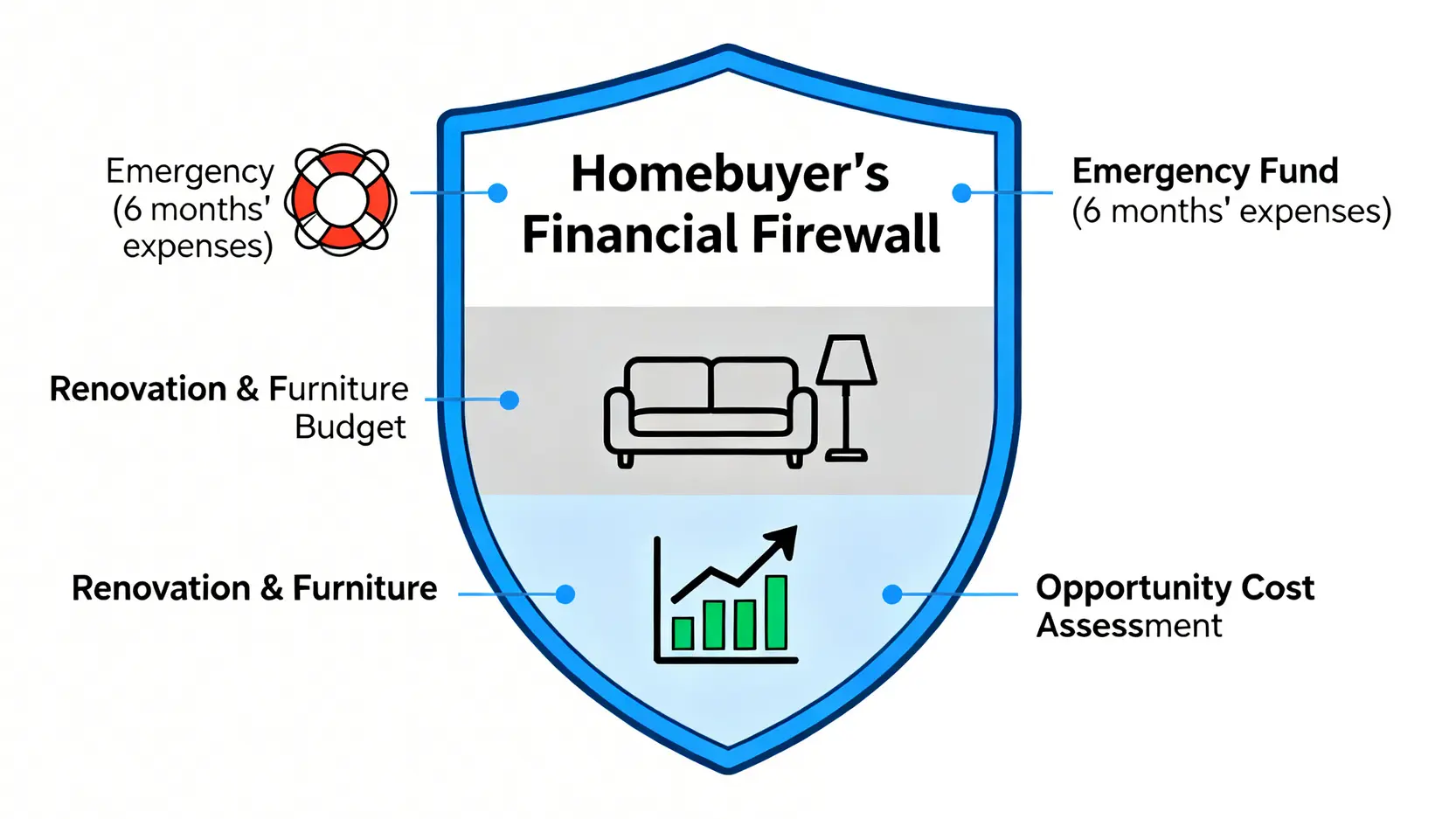 購屋防火牆三層資金安全緩衝區示意圖,包含緊急預備金、裝潢家電預算,以及機會成本評估。