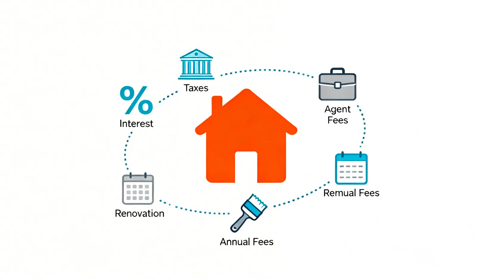 房屋總持有成本概念圖,顯示除了房價本身還包含利息、稅費、仲介費、裝修費等多項隱藏開銷。