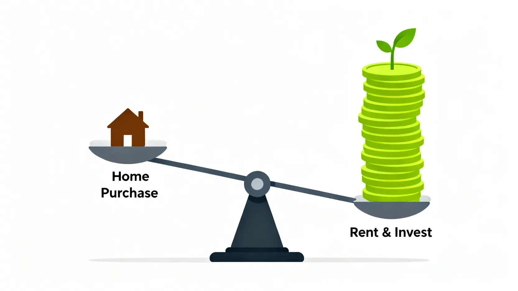 買房與租房十年後財務成果的比較天秤圖,顯示租房並將差額投資的資產累積可能高於買房累積的資產。