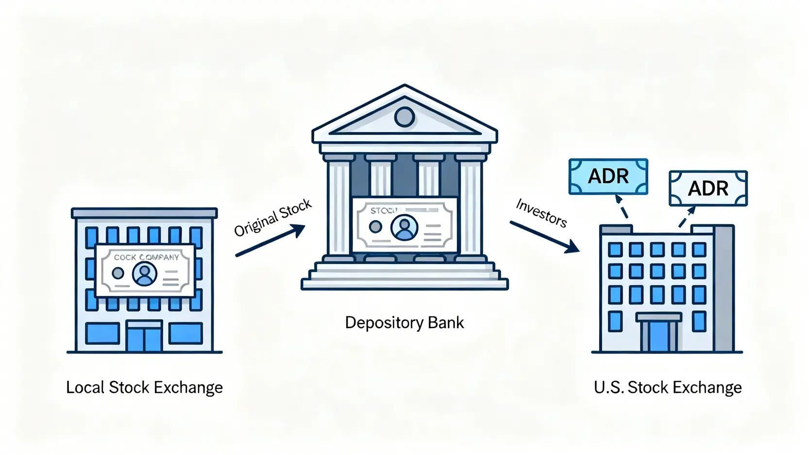 一張解釋ADR(美國存託憑證)運作原理的流程圖,展示了原股票如何透過存託銀行轉換為在美國市場交易的ADR。