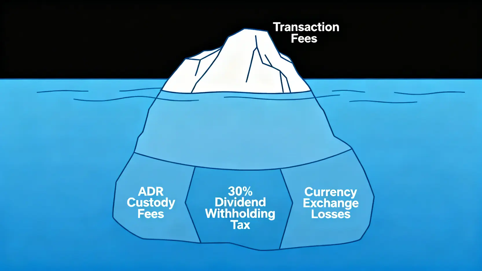 一張冰山圖,形象地展示了ADR的總持有成本,水面上可見的部分是交易手續費,而水面下隱藏著更大的成本,如託管費、股利稅和匯率損失。