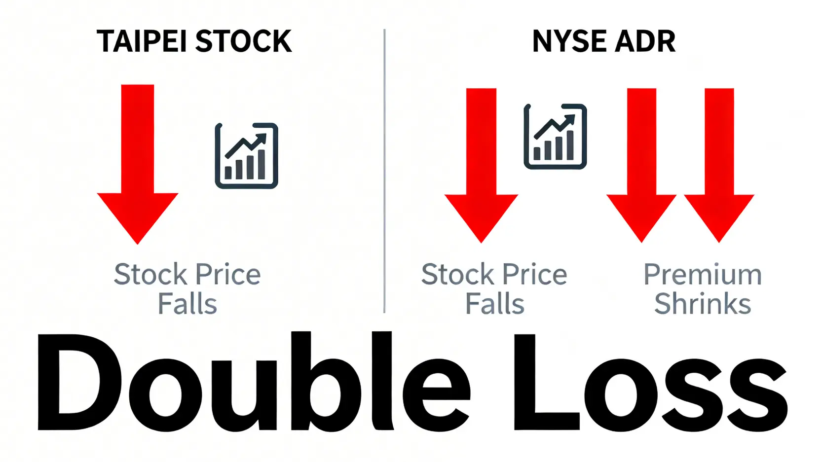 圖解戴維斯雙殺風險,顯示ADR投資者因股價下跌與溢價收斂而面臨雙重虧損。
