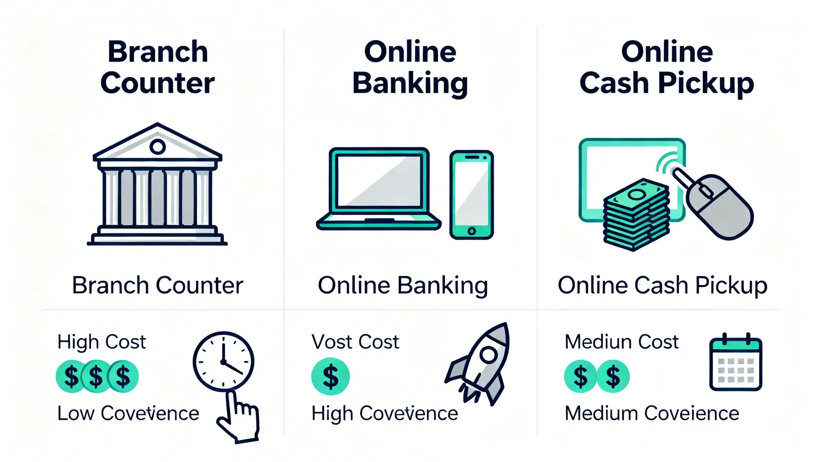 一張比較銀行臨櫃、網路銀行與線上結購三種換匯渠道的優缺點圖表