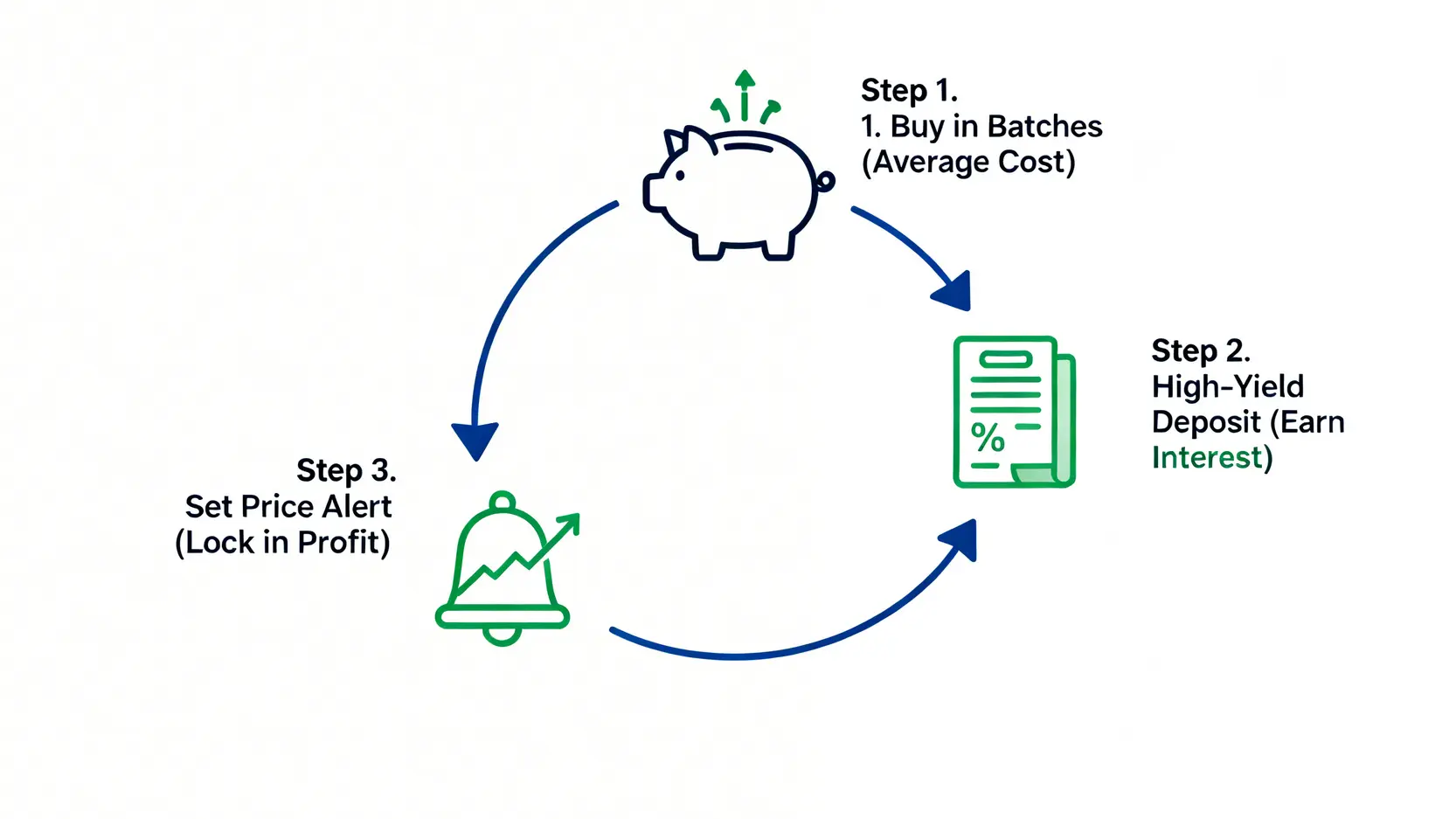 一張展示外幣理財三步驟循環的流程圖,包含分批買入、優利定存與設定到價通知賣出