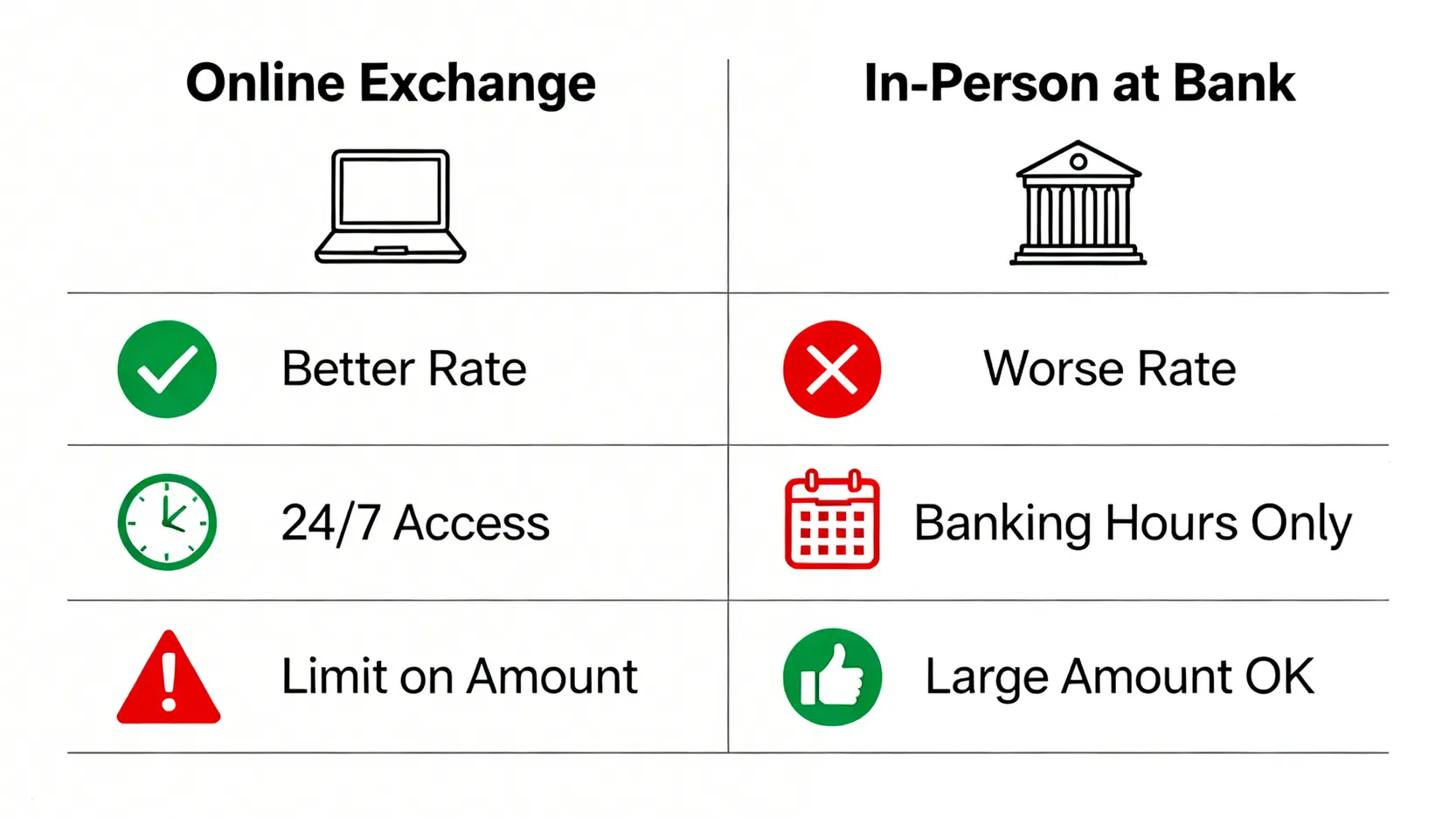 線上結匯與臨櫃辦理的優缺點比較圖,涵蓋匯率、時間與金額限制