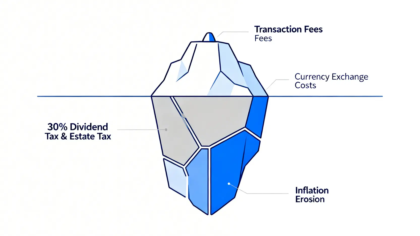 一張冰山圖,展示投資美股的隱藏成本。水面上可見的是交易手續費,水面下更大的部分是匯率成本、稅務成本和通膨成本。