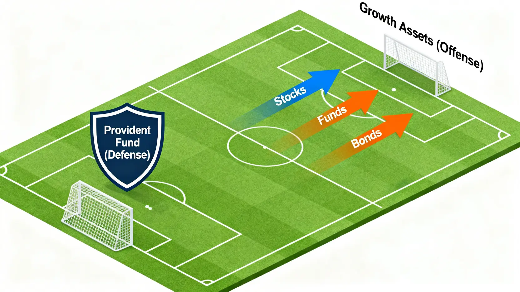 足球陣型圖比喻資產配置,公積金是防守的守門員,股票基金是進攻的前鋒。