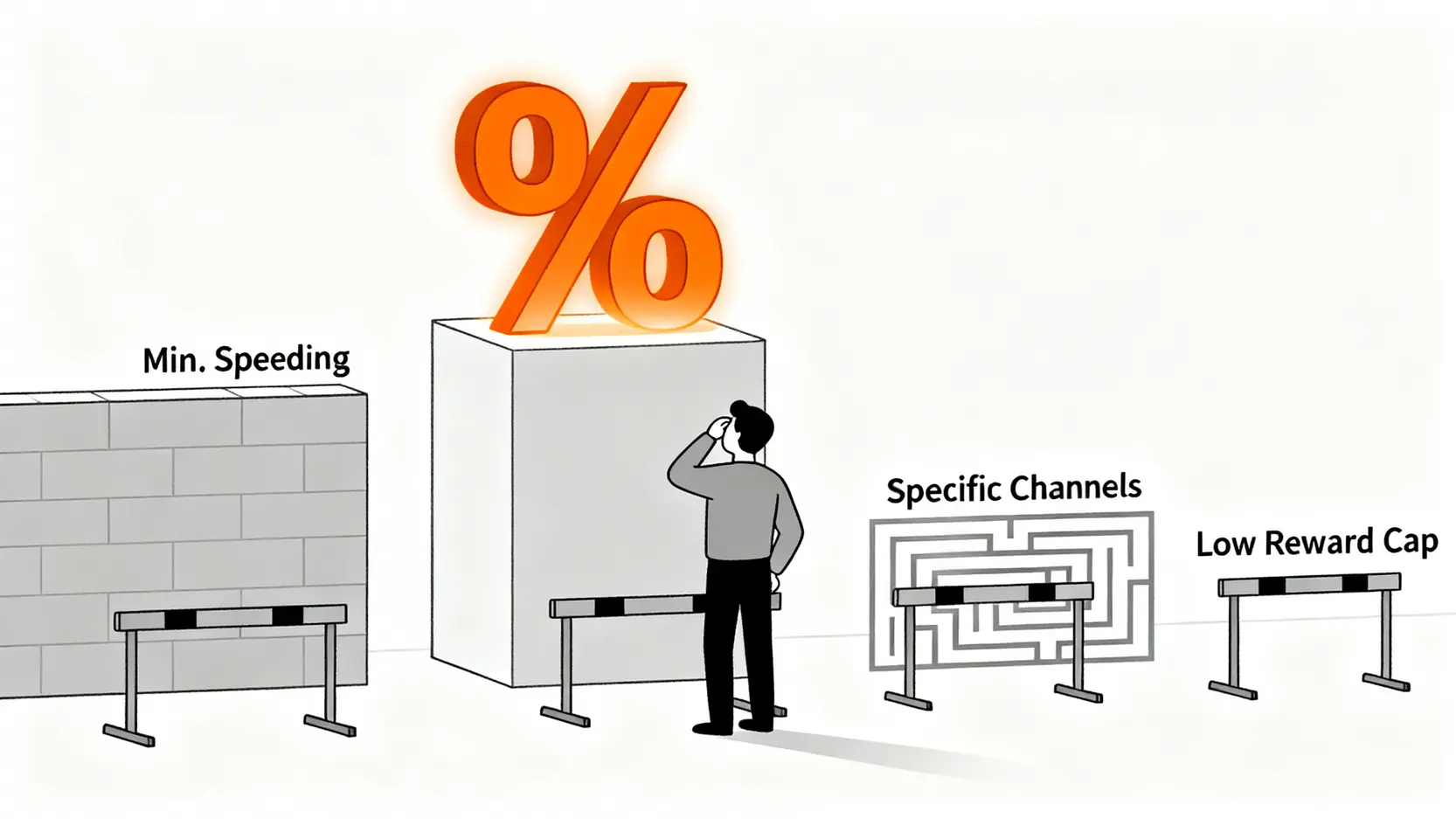 一張概念圖說明信用卡高回饋的陷阱,消費者需要跨越最低消費、指定通路和回饋上限等多重障礙。
