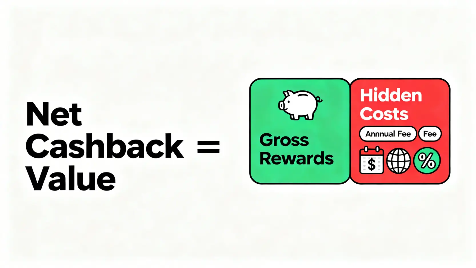 淨回饋價值計算公式圖,顯示總回饋減去隱藏成本如年費和手續費。