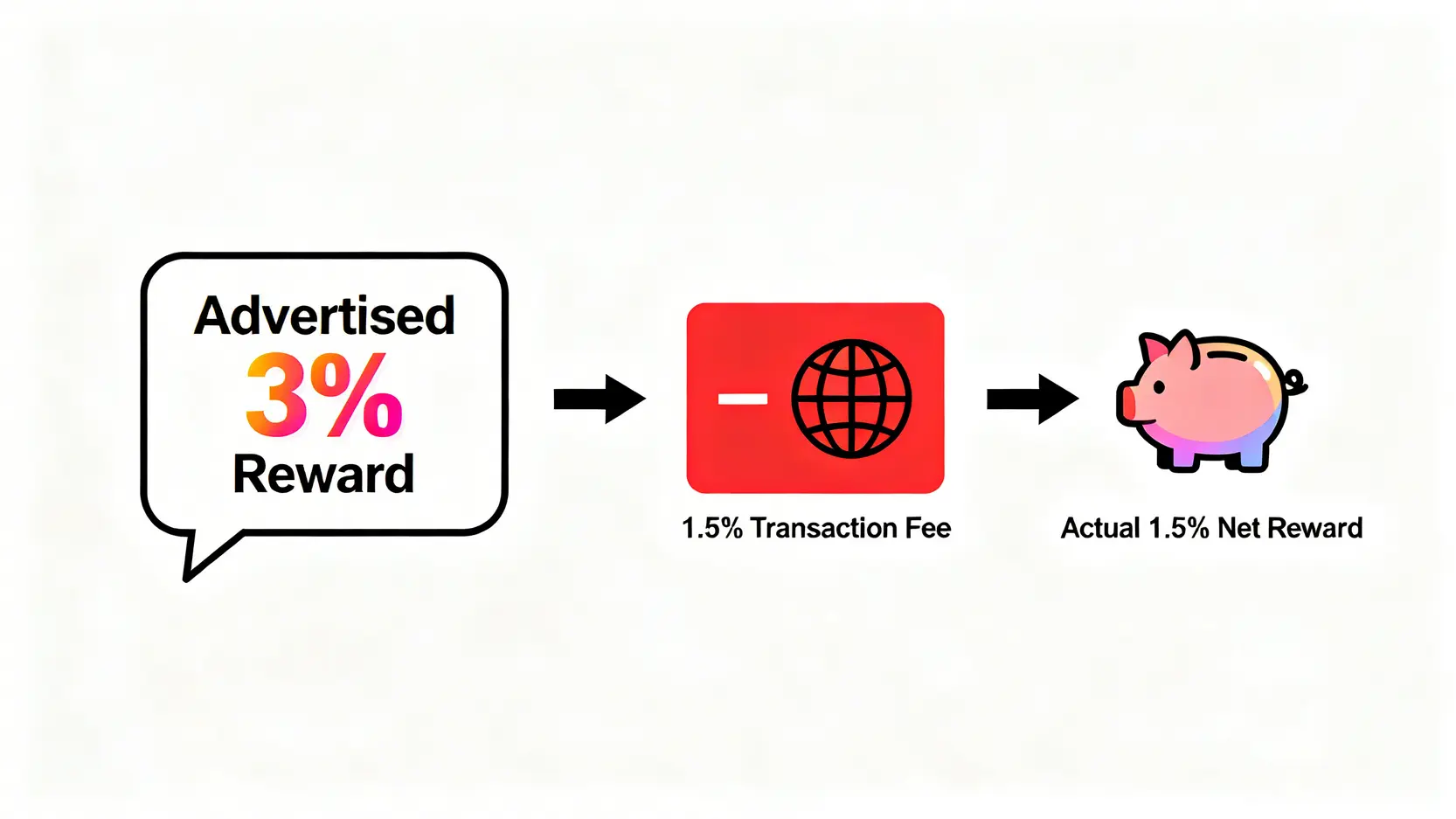 海外消費回饋計算示意圖,顯示3%的廣告回饋在扣除1.5%的交易手續費後,實際淨回饋僅為1.5%。