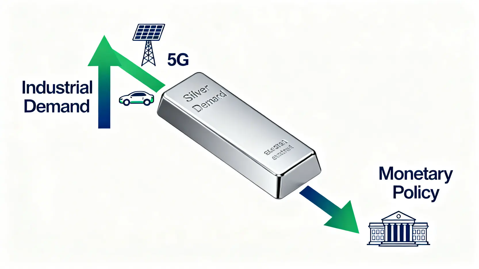 一張概念圖,展示影響白銀價格的兩大驅動力:左側是代表工業需求的向上箭頭,右側是代表貨幣政策的向下箭頭。