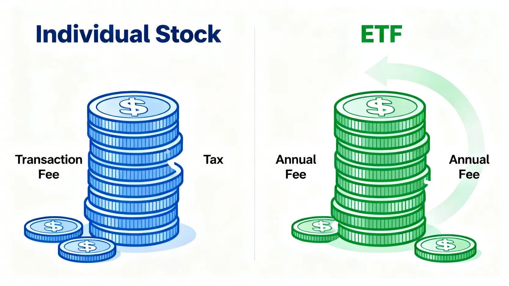 一張對比圖,比較投資個股與投資ETF一年後的總成本結構差異,圖中清晰顯示ETF除了交易成本外,還需支付一筆持續侵蝕本金的年管理費。