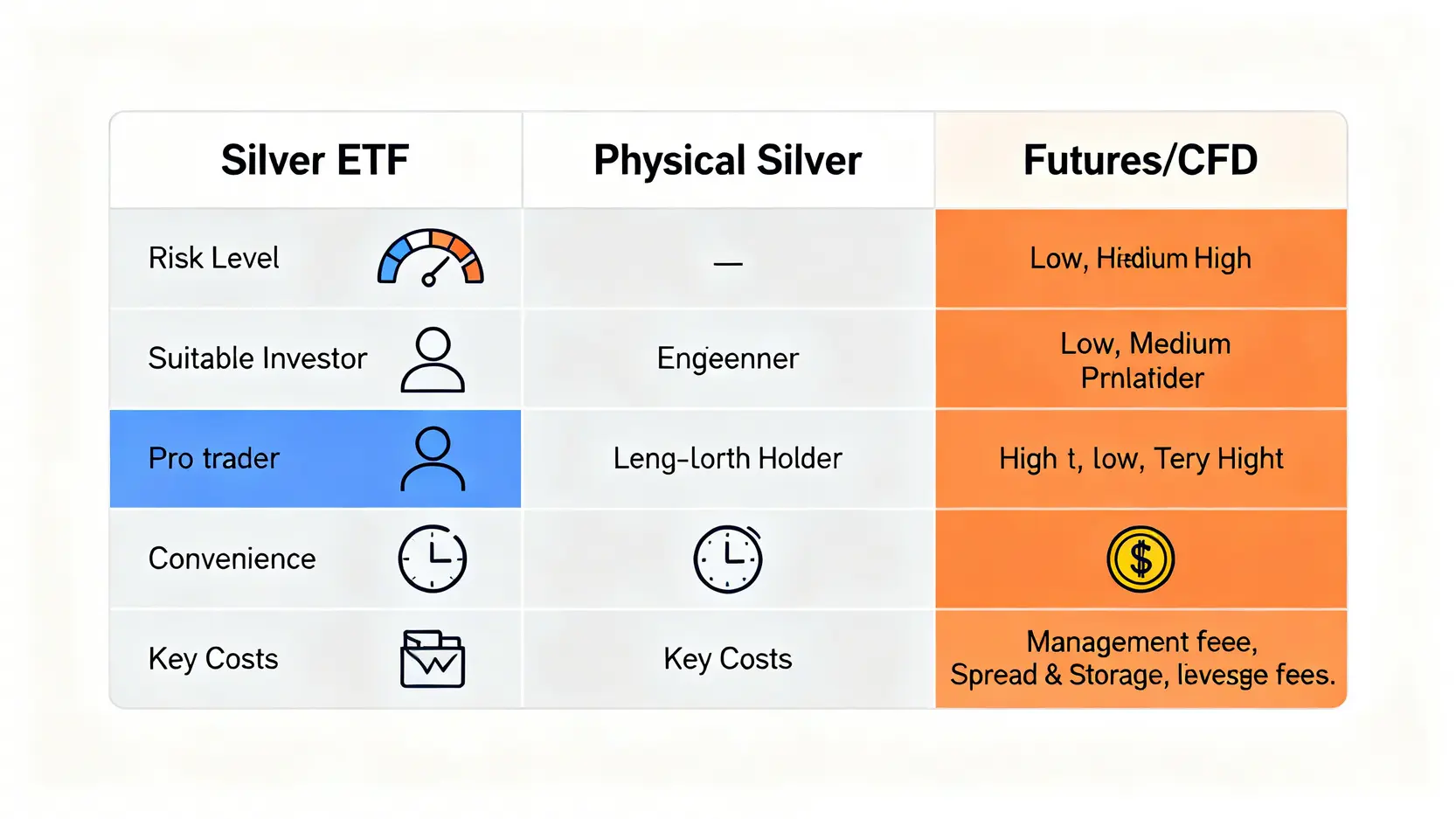 三種白銀投資管道的對比圖,分析了ETF、實體白銀和期貨CFD在風險等級、適合的投資者、便利性和主要成本方面的差異。